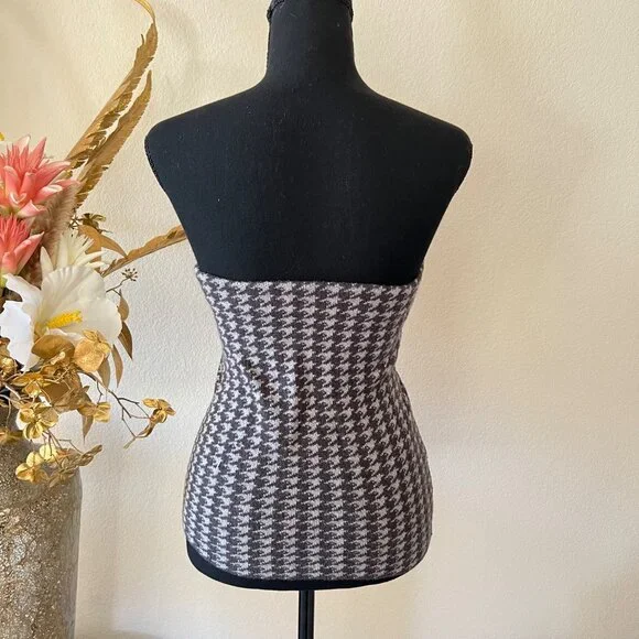 Y2K Versatile Houndstooth Tube Top Mini Skirt Light & Dark Gray Knit Stretch - Picture 3 of 8
